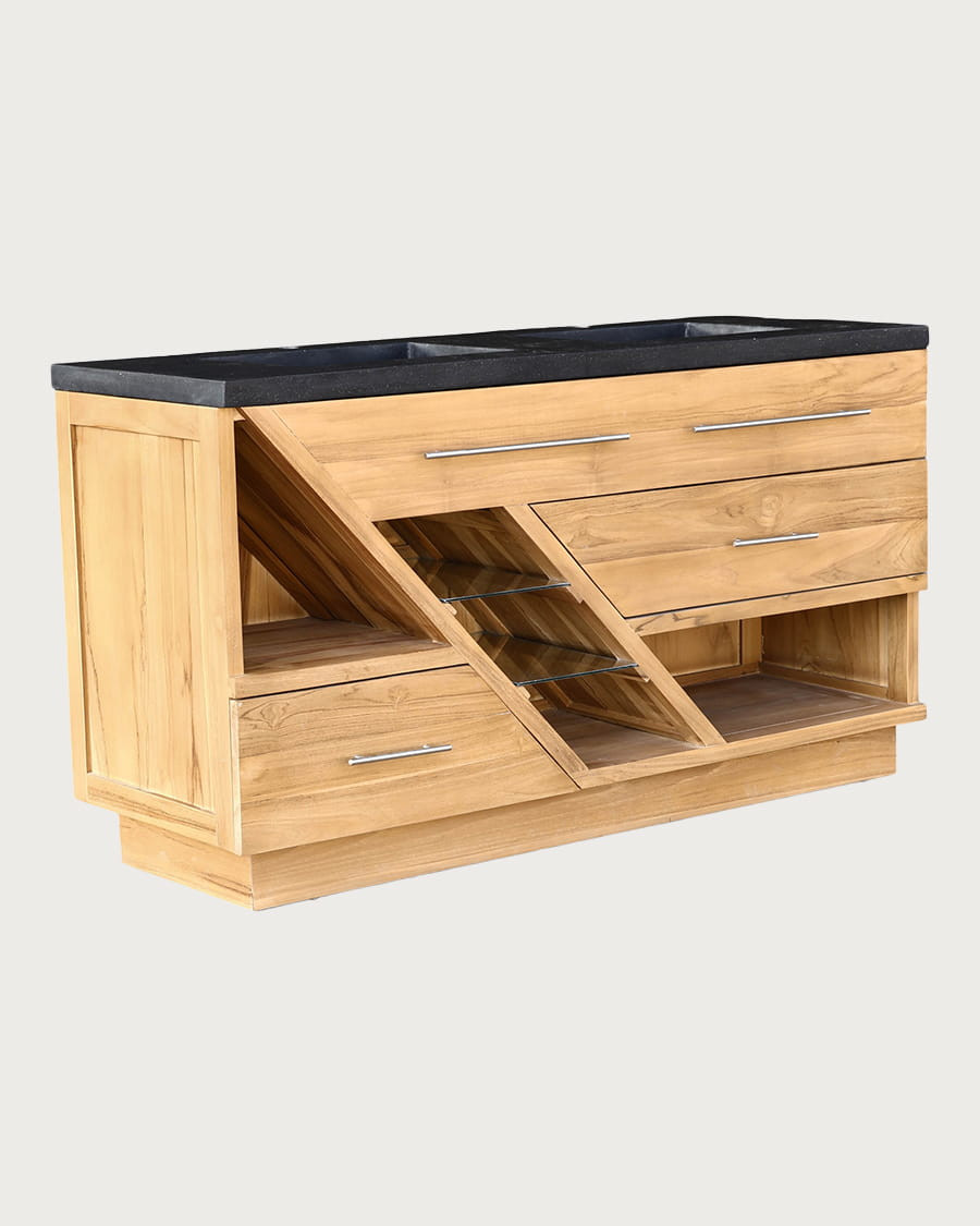 Diva - Meuble salle de bain en teck et marbre terrazzo noir 145 cm