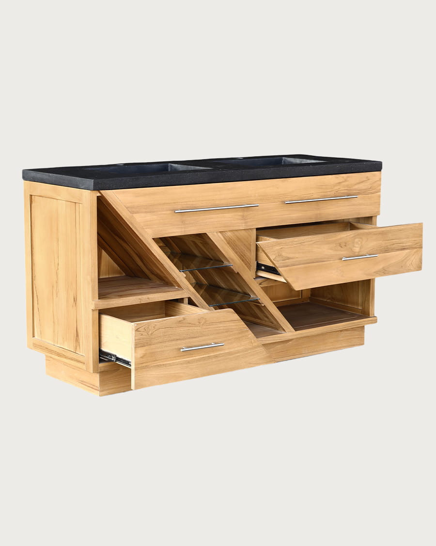 Diva - Meuble salle de bain en teck et marbre terrazzo noir 145 cm