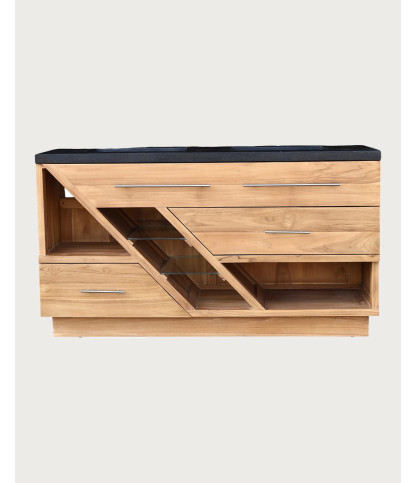 Diva - Meuble salle de bain en teck et marbre terrazzo noir 145 cm