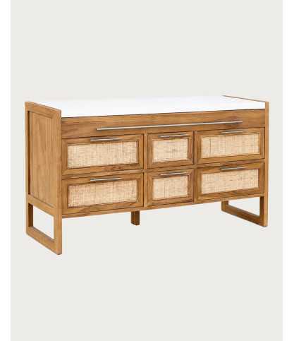 Sahara - Bathroom vanity unit in teak and beige terrazzo, 145 cm