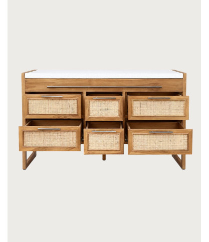 Sahara - Badezimmer Waschtisch aus Teakholz und beigefarbenem Terrazzo, 145 cm