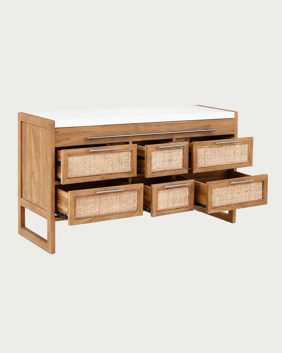 Sahara - Bathroom vanity unit in teak and beige terrazzo, 145 cm