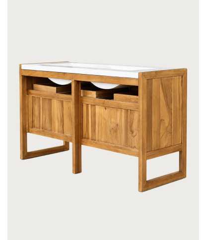 Sahara - Bathroom vanity unit in teak and beige terrazzo, 145 cm