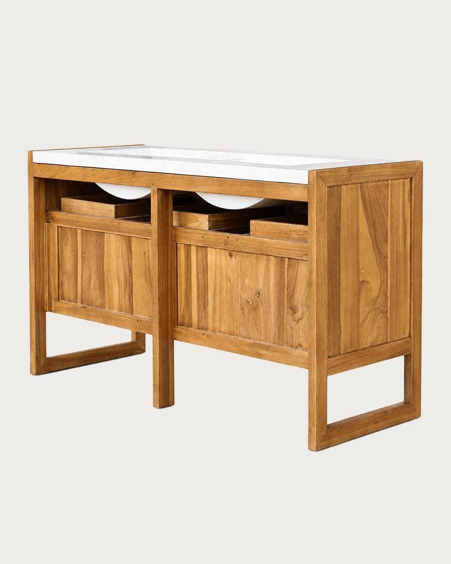 Sahara - Bathroom vanity unit in teak and beige terrazzo, 145 cm