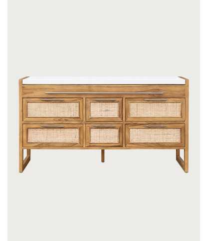 Sahara - Bathroom vanity unit in teak and beige terrazzo, 145 cm