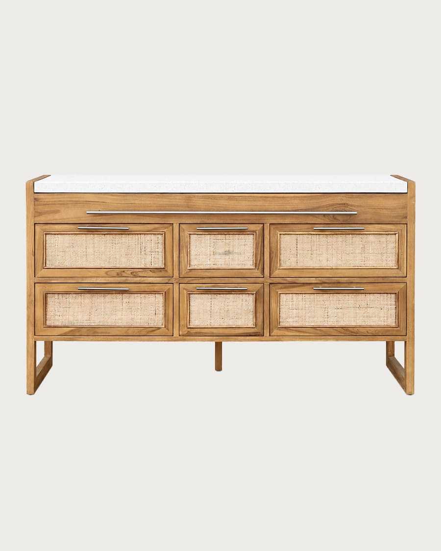 Sahara - Bathroom vanity unit in teak and beige terrazzo, 145 cm