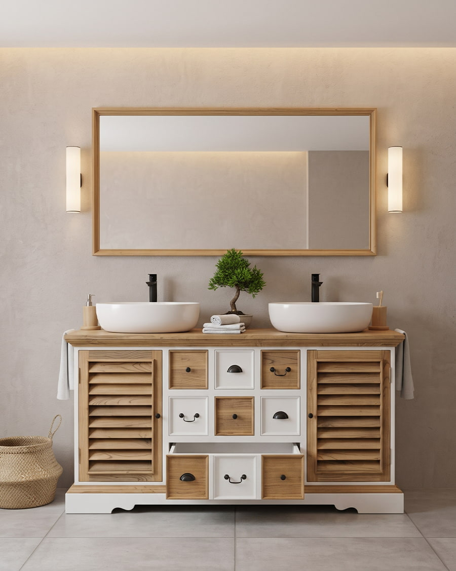 Inda - Grand meuble salle de bain en bois massif blanche et naturelle