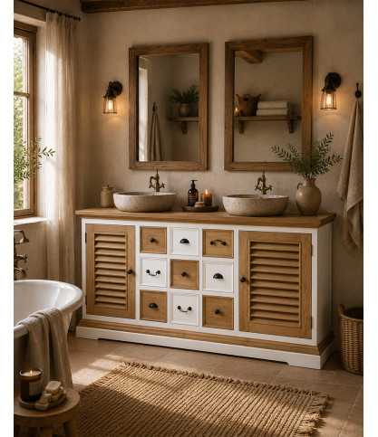 Inda - Large bathroom vanity in solid white and natural wood