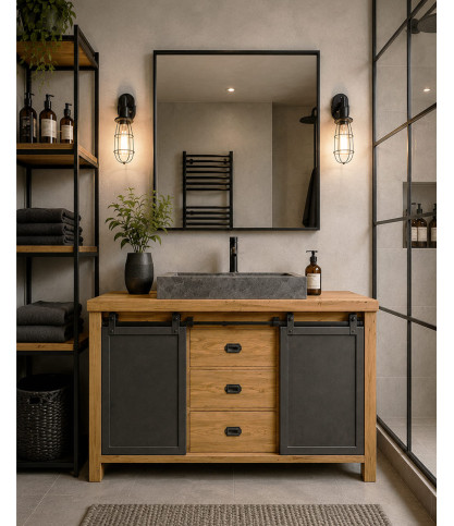 Arredamento bagno in stile industriale, in teak massello.