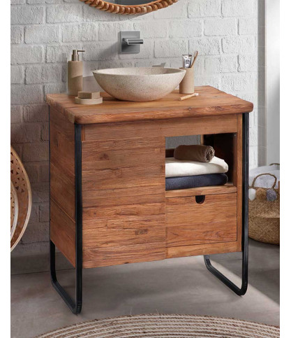 Azur - Kleiner Badezimmerschrank im Industriestil aus Teakholz und Metall, 70 cm