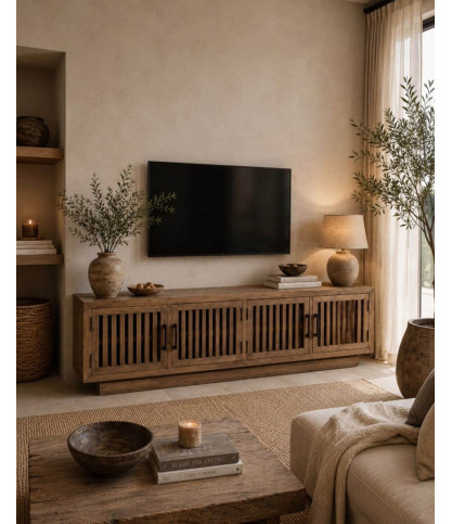 Lino - Mueble para TV de 4 puertas en madera maciza de mango, 180 cm