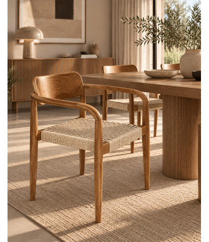 Kimo - Chair in solid teak and beige brown rope