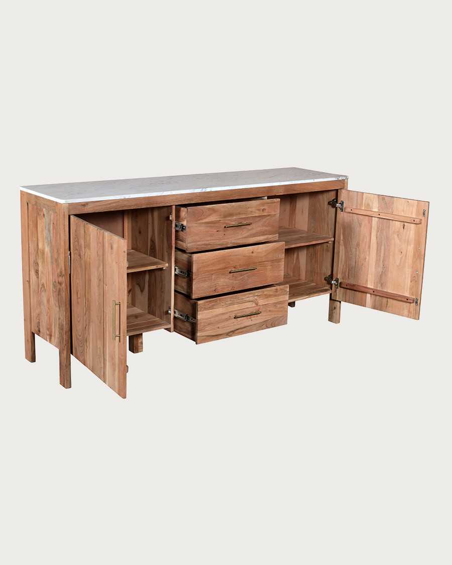 Havena - Buffet en bois massif et marbre blanc 175 cm