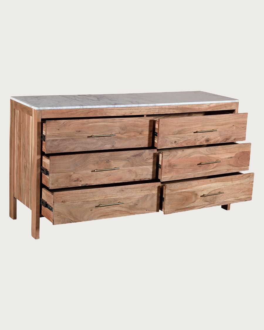 Havena - Cómoda de madera maciza y mármol blanco de 150 cm