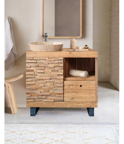 Petit meuble salle de bain en teck parqueté 80 cm - Néo｜Uniqka Design
