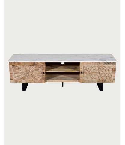 Sunet - TV stand in solid mango wood and white marble, 160 cm