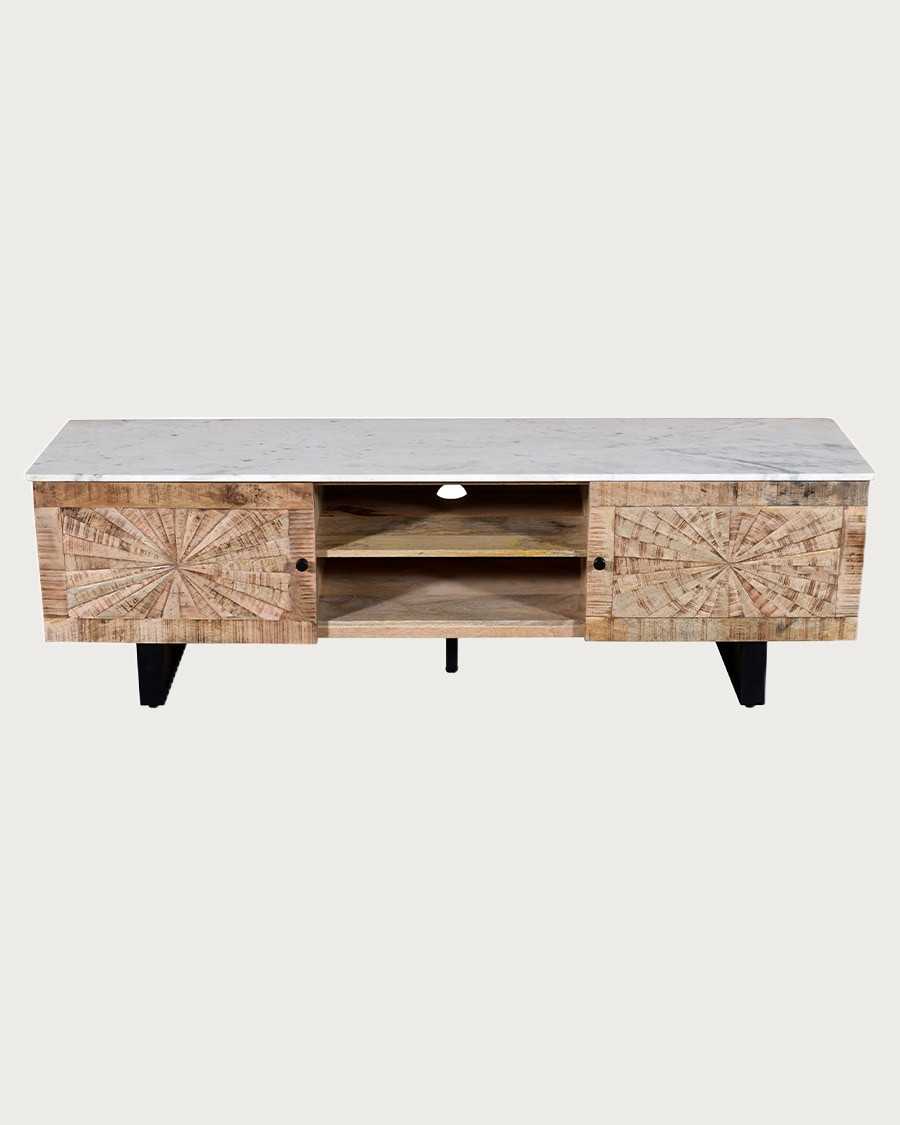 Sunet - TV stand in solid mango wood and white marble, 160 cm