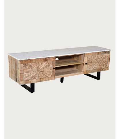 Sunet - TV Ständer aus massivem Mangoholz und weißem Marmor, 160 cm