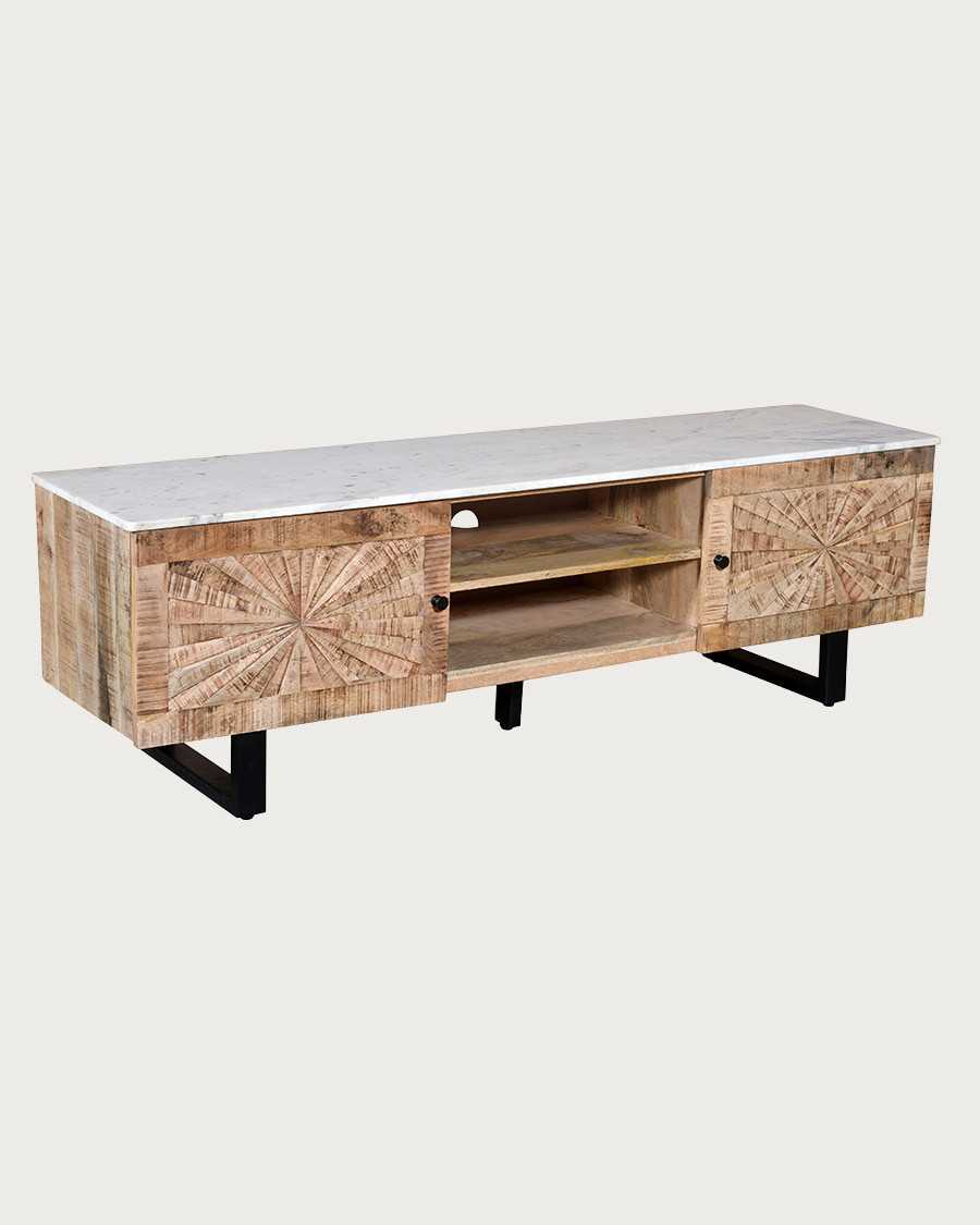 Sunet - Mobile porta TV in legno massello di mango e marmo bianco, 160 cm