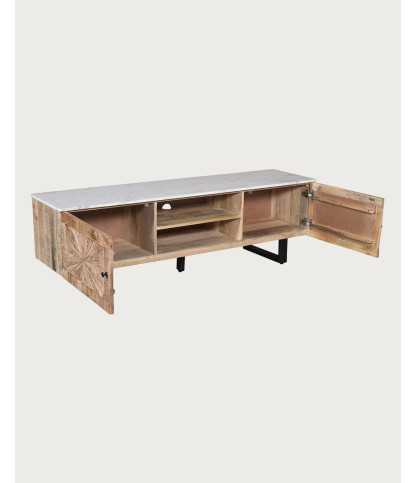 Sunet - Mobile porta TV in legno massello di mango e marmo bianco, 160 cm