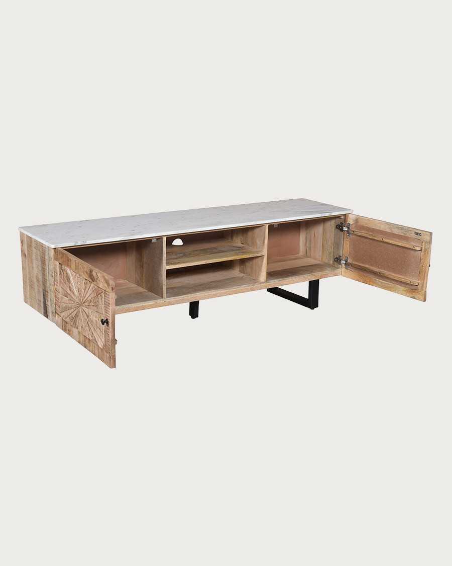 Sunet - TV stand in solid mango wood and white marble, 160 cm