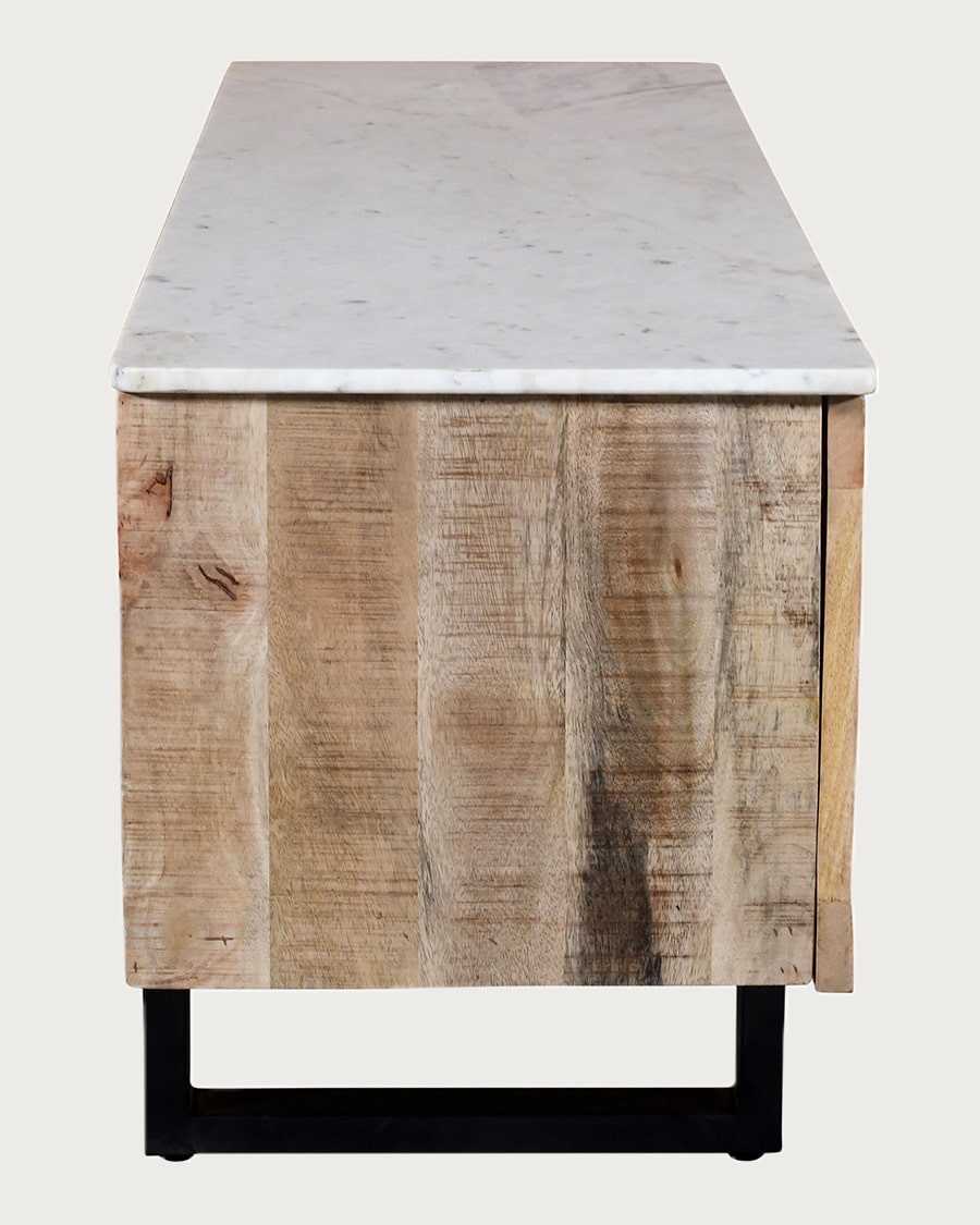 Sunet - Mobile porta TV in legno massello di mango e marmo bianco, 160 cm