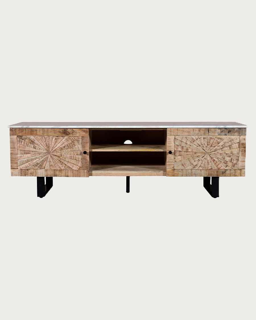 Sunet - Mobile porta TV in legno massello di mango e marmo bianco, 160 cm