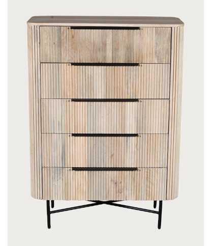 Retro - Commode haute 5 tiroirs en bois de manguier naturel et métal noir