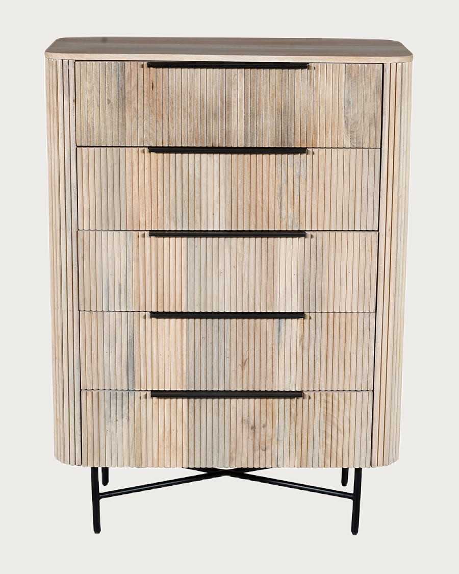 Retro - Hoge commode met 5 lades van natuurlijk mangohout en zwart metaal