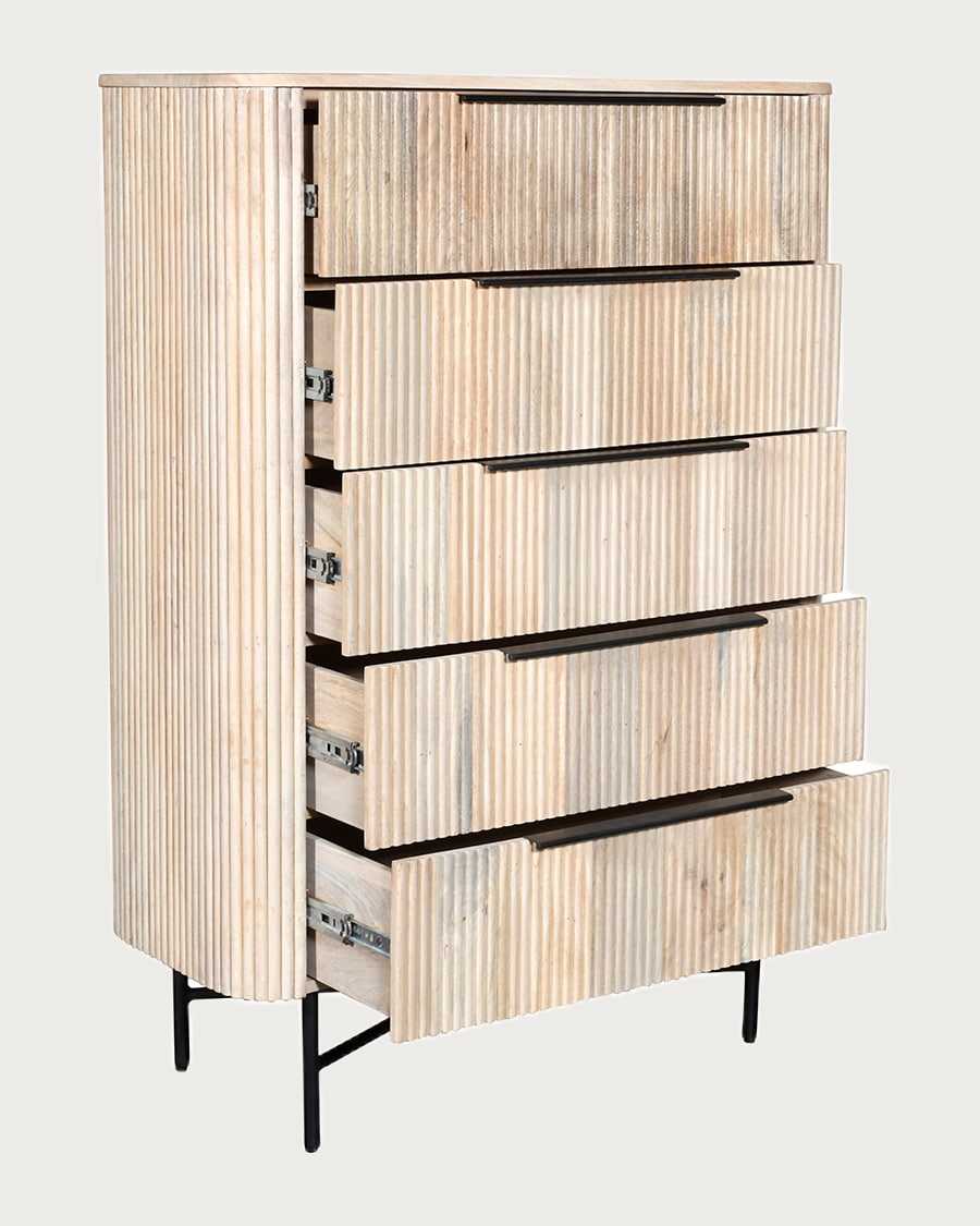 Retro - Cómoda alta con 5 cajones en madera de mango natural y metal negro.