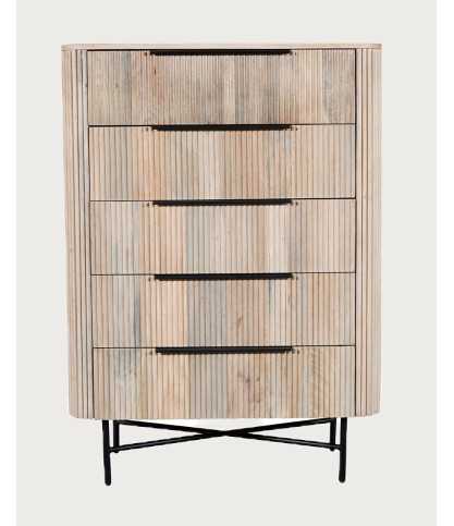 Retro - Hoge commode met 5 lades van natuurlijk mangohout en zwart metaal