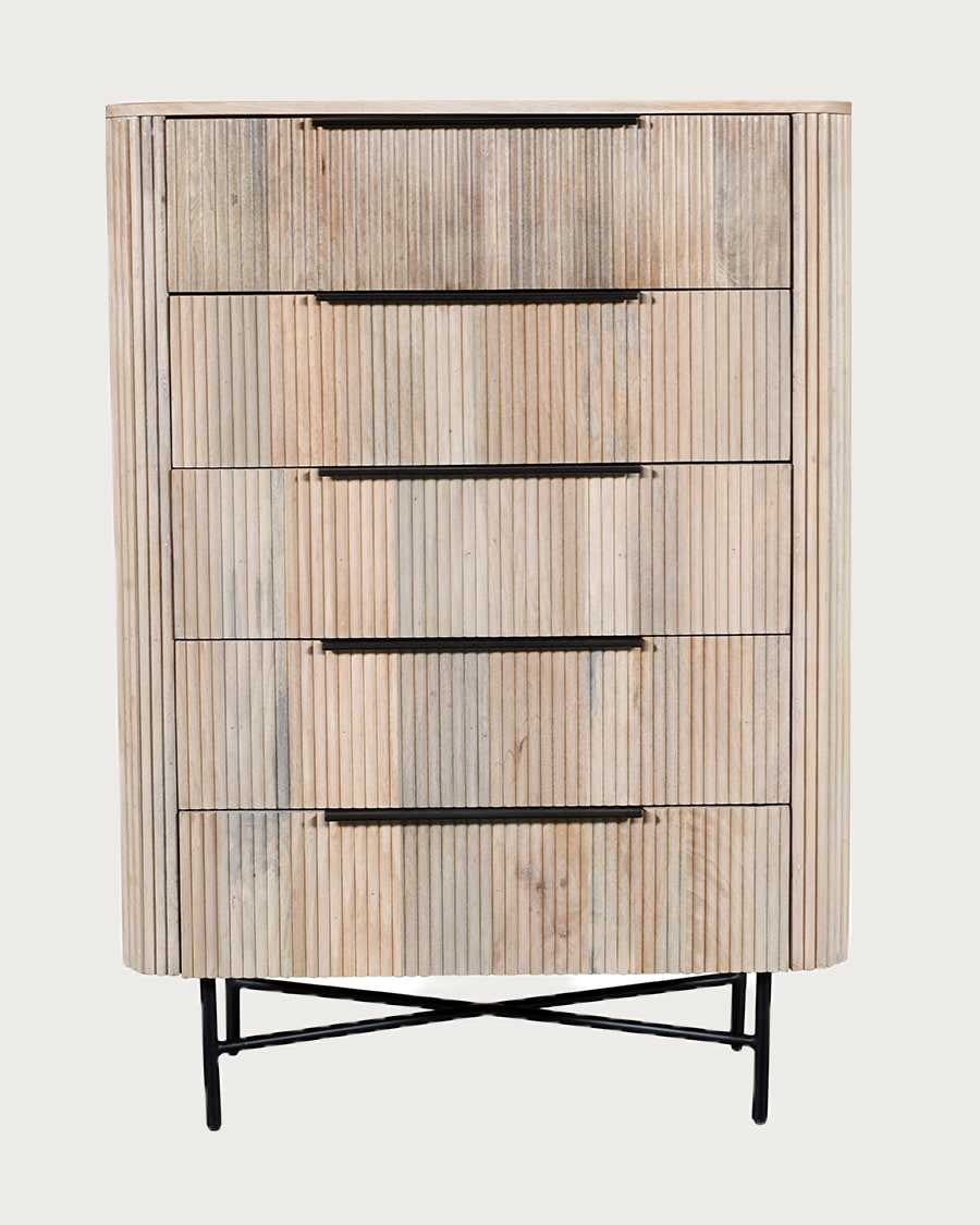 Retro - Hohe Kommode mit 5 Schubladen aus naturbelassenem Mangoholz und schwarzem Metall