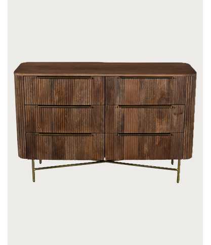 Tana Bois - Commode 6 tiroirs en bois de manguier finition noyer et métal doré