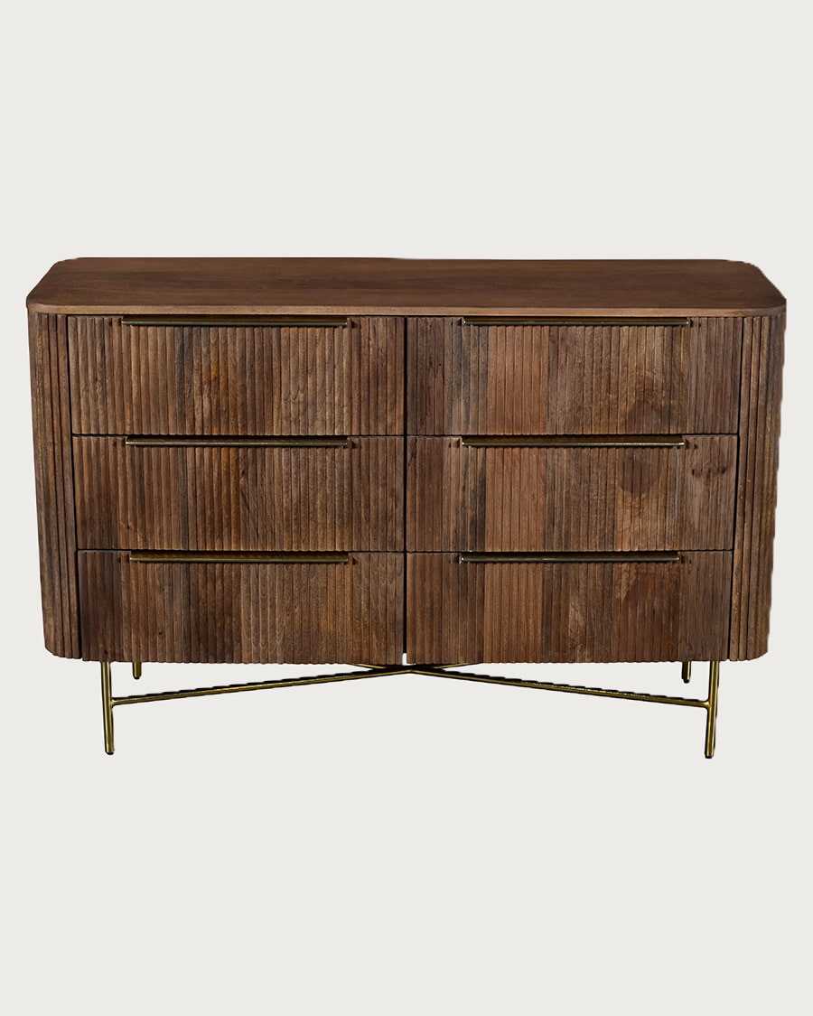 Tana Bois - Commode 6 tiroirs en bois de manguier finition noyer et métal doré