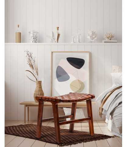 Taka - Sgabello piccolo in teak massello e pelle intrecciata marrone