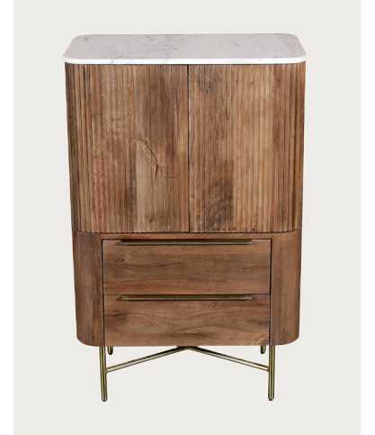 Tana - Hoge commode van massief mangohout en wit marmer, met 2 deuren en 2 laden.