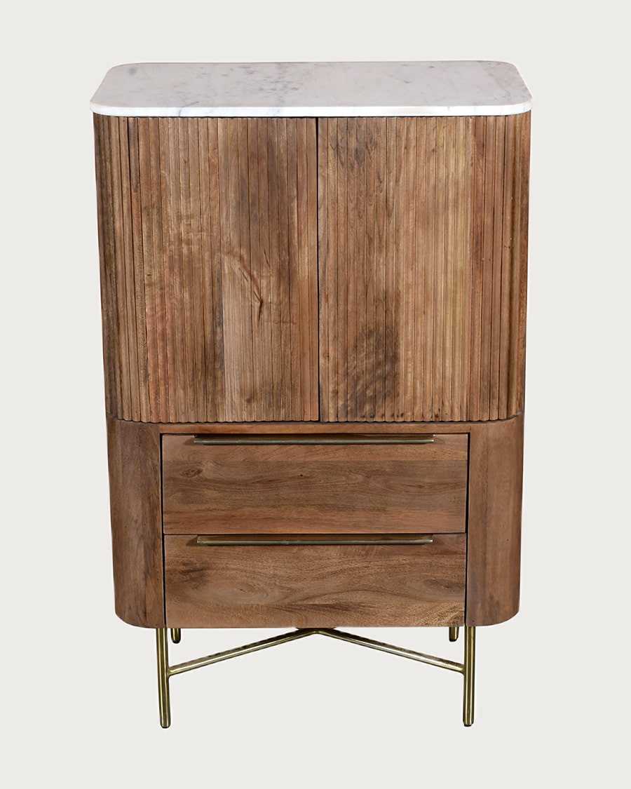Tana - Cómoda alta de madera maciza de mango y mármol blanco, con 2 puertas y 2 cajones.