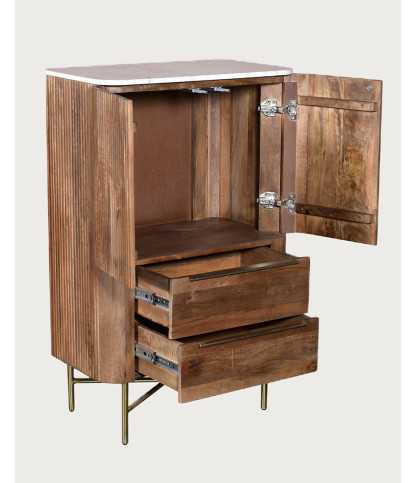 Tana - Commode haute en bois massif de manguier et marbre blanc, 2 portes et 2 tiroirs