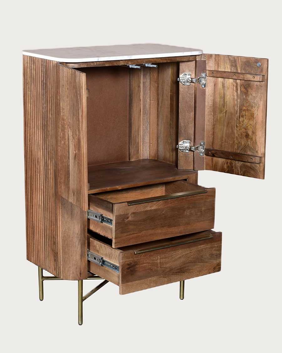 Tana - Hohe Kommode aus massivem Mangoholz und weißem Marmor, 2 Türen und 2 Schubladen