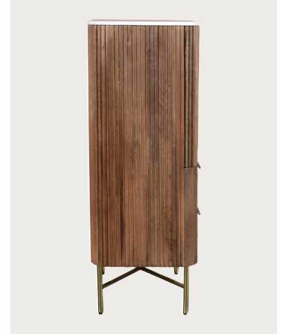 Tana - Hoge commode van massief mangohout en wit marmer, met 2 deuren en 2 laden.