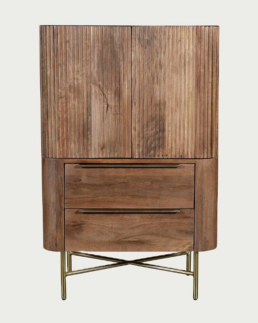 Tana - Cómoda alta de madera maciza de mango y mármol blanco, con 2 puertas y 2 cajones.
