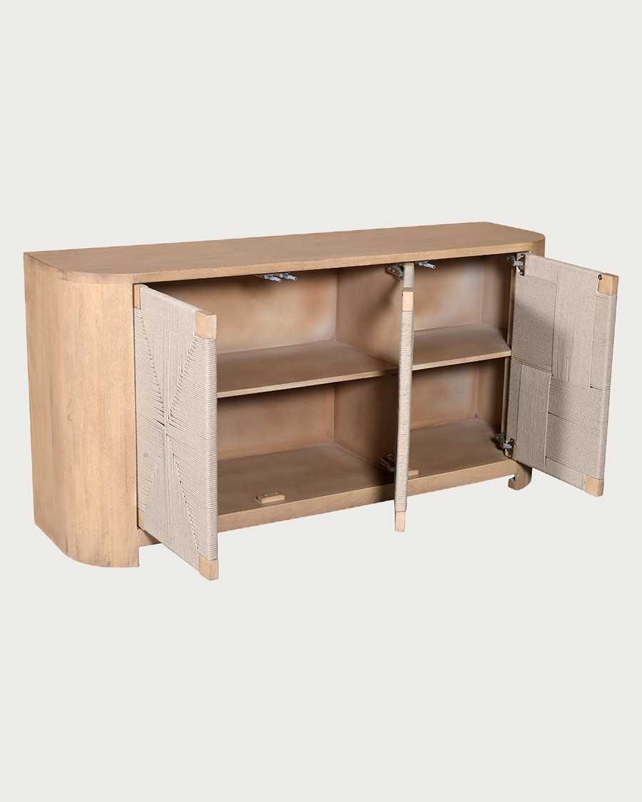 Ona - Buffet 3 portes en bois de manguier et corde tressée, 150 cm