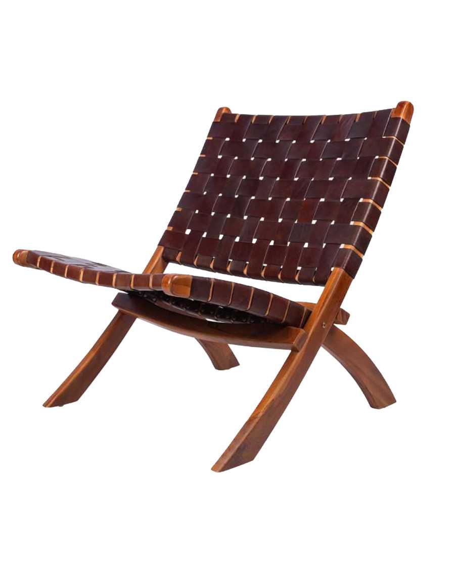Kenza - Poltrona pieghevole in teak e pelle intrecciata