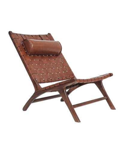 California - Poltrona lounge con schienale alto in teak e pelle marrone