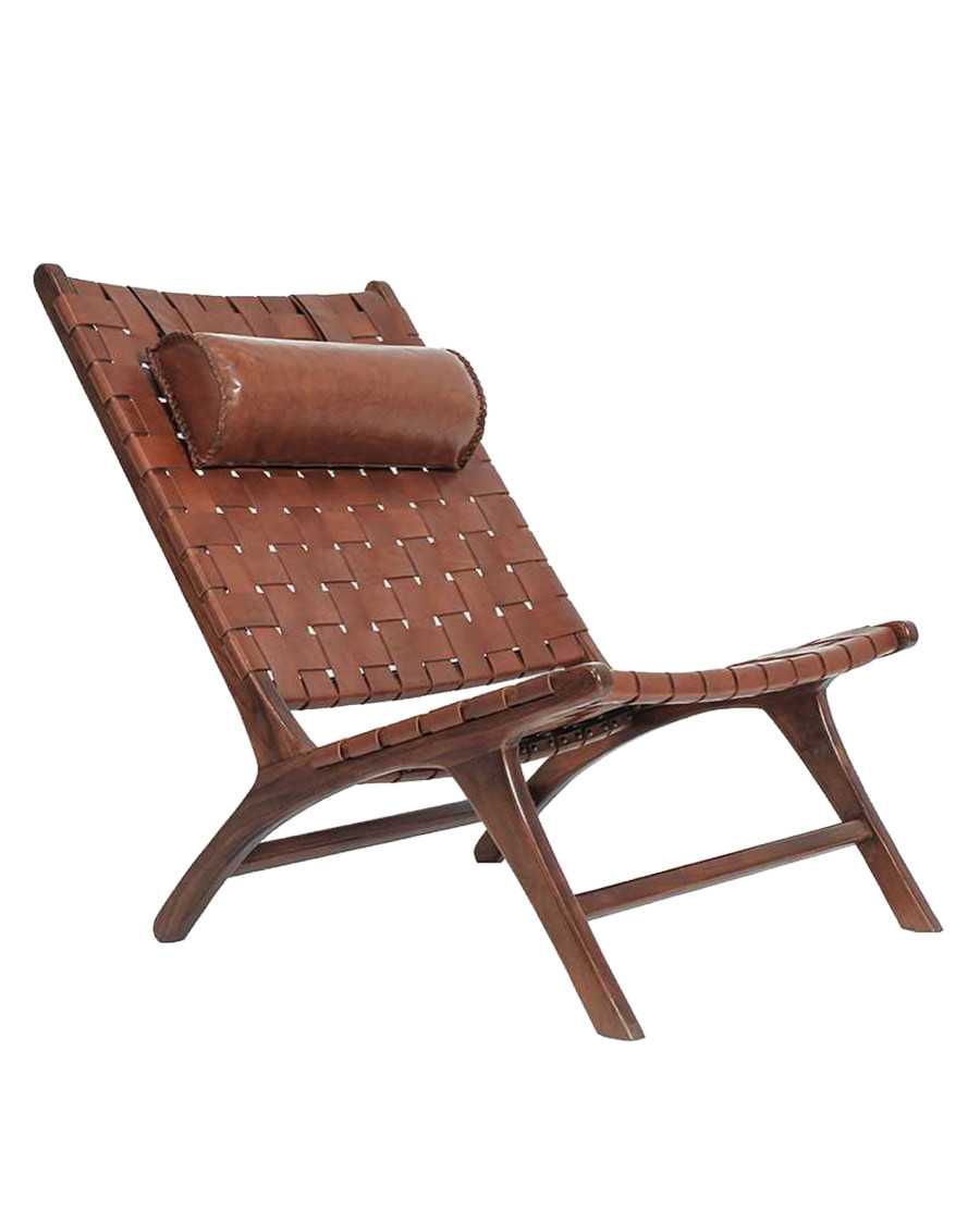 California - Fauteuil lounge dossier haut en teck et cuir marron