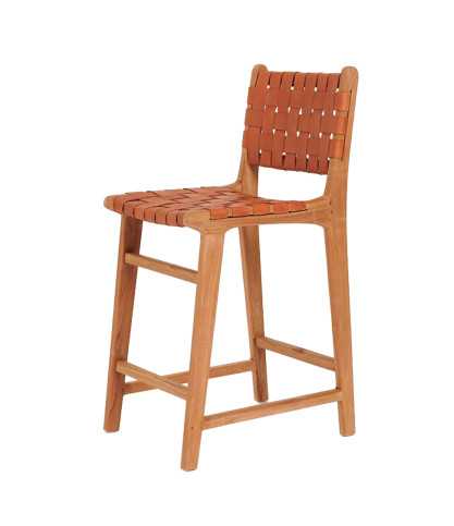 Ambra - Chaise de bar en teck massif et cuir vachette tressé marron