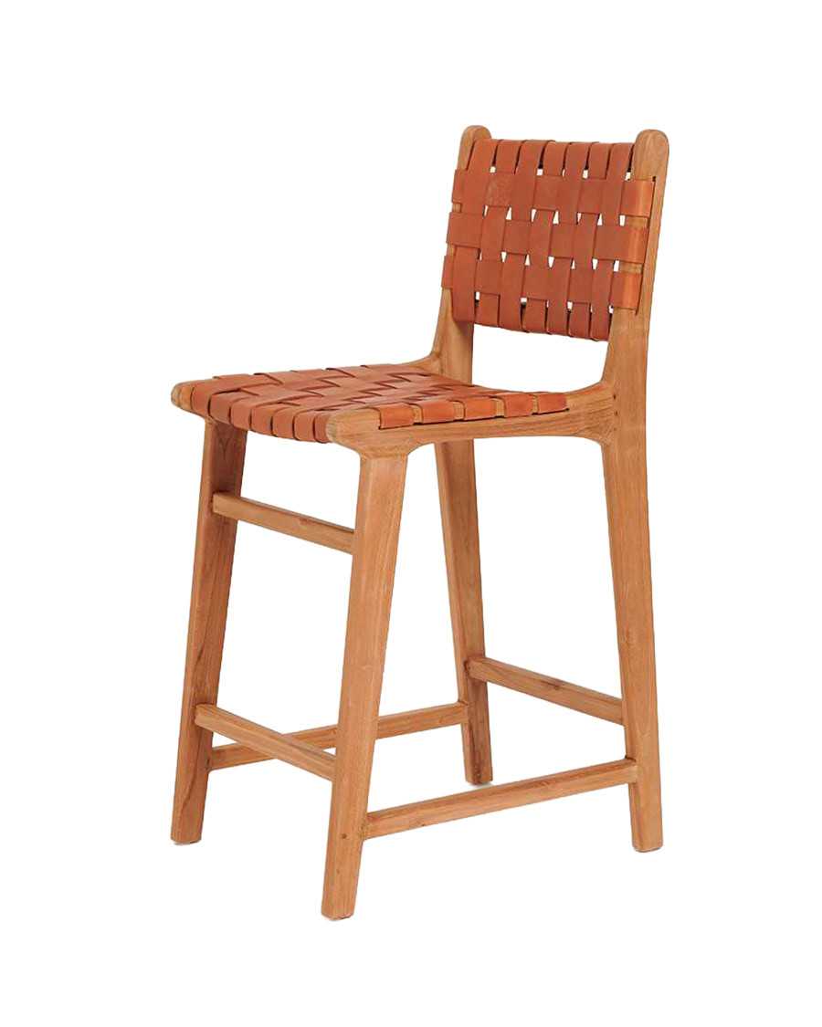 Ambra - Sgabello da bar in teak massello e pelle bovina intrecciata marrone