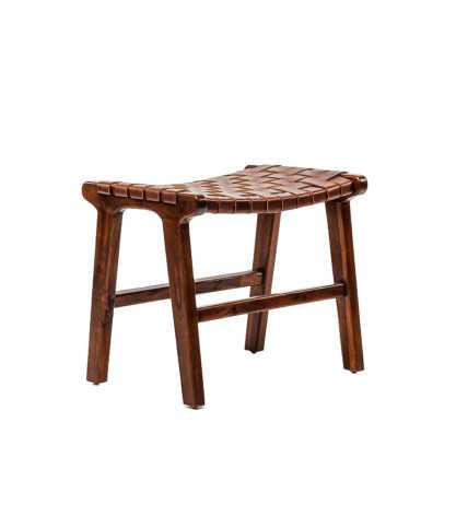 Taka - Small stool in solid teak and braided brown leather