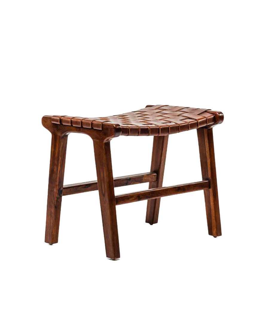 Taka - Kleiner Hocker aus massivem Teakholz und geflochtenem braunem Leder