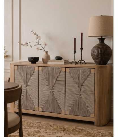 Ona - 3 door sideboard in mango wood and braided rope, 150 cm